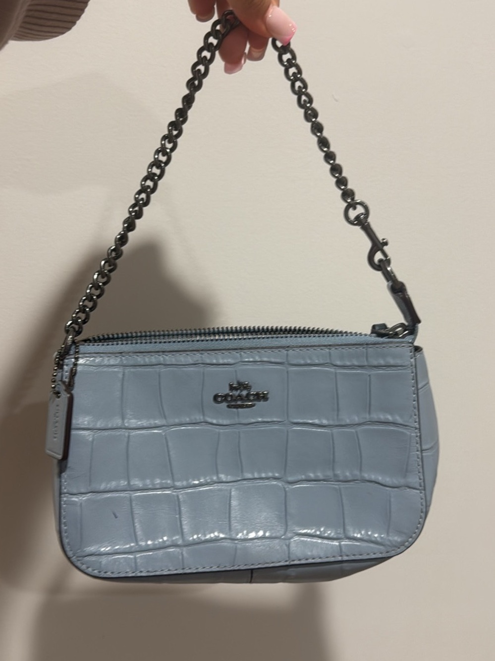 Coach Croc-Embossed Mini Wristlet in Pale Blue with Gunmetal Chain